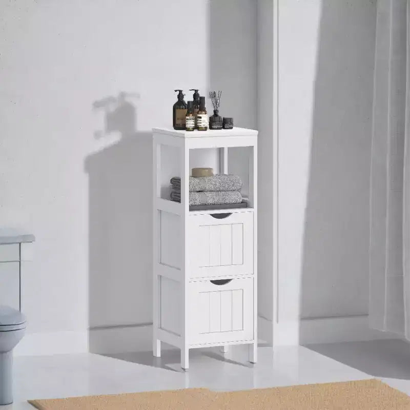 Modern Floor Cabinet with 2 Drawers and Open Shelf - White Freestanding Storage Organizer