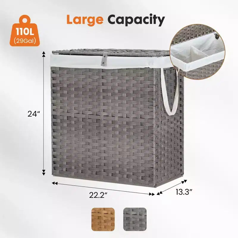 29 gal. Kapaklı Hasır Sepet, Katlanabilir Tasarım, Çıkarılabilir Bölme ve Yıkanabilir Astarlı