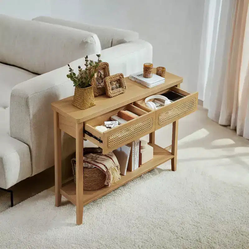 Tavolo consolle Arrow con cassetti, piccolo tavolo da ingresso, consolle in rattan, tavolo consolle in legno per ingresso