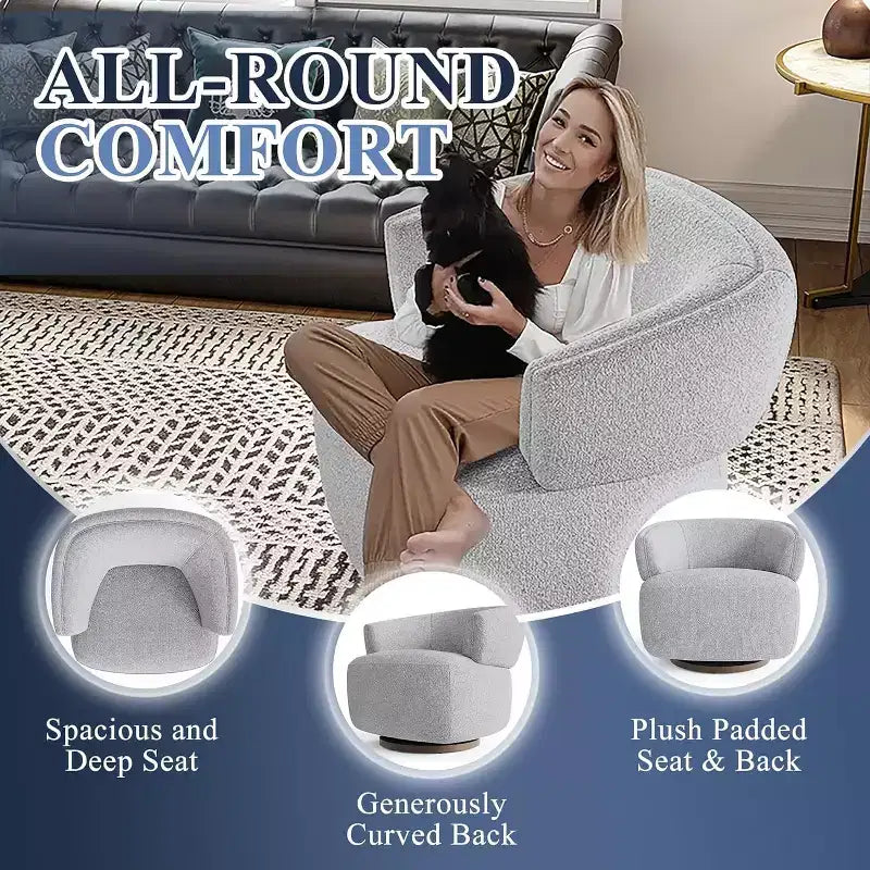 Drehbarer Fassstuhl, Vollständig montiertes Akzent-Loungesofa mit 360-Grad-Basis, Runder Clubstuhl für Wohnzimmer, Schlafzimmer, Büro, Elfenbein