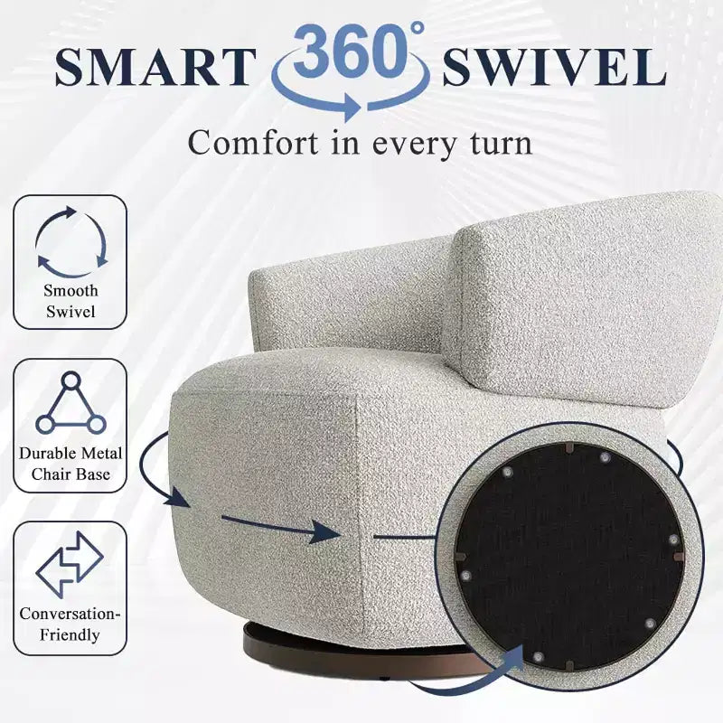 Drehbarer Fassstuhl, Vollständig montiertes Akzent-Loungesofa mit 360-Grad-Basis, Runder Clubstuhl für Wohnzimmer, Schlafzimmer, Büro, Elfenbein