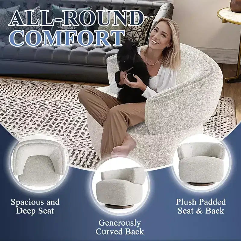 Drehbarer Fassstuhl, Vollständig montiertes Akzent-Loungesofa mit 360-Grad-Basis, Runder Clubstuhl für Wohnzimmer, Schlafzimmer, Büro, Elfenbein