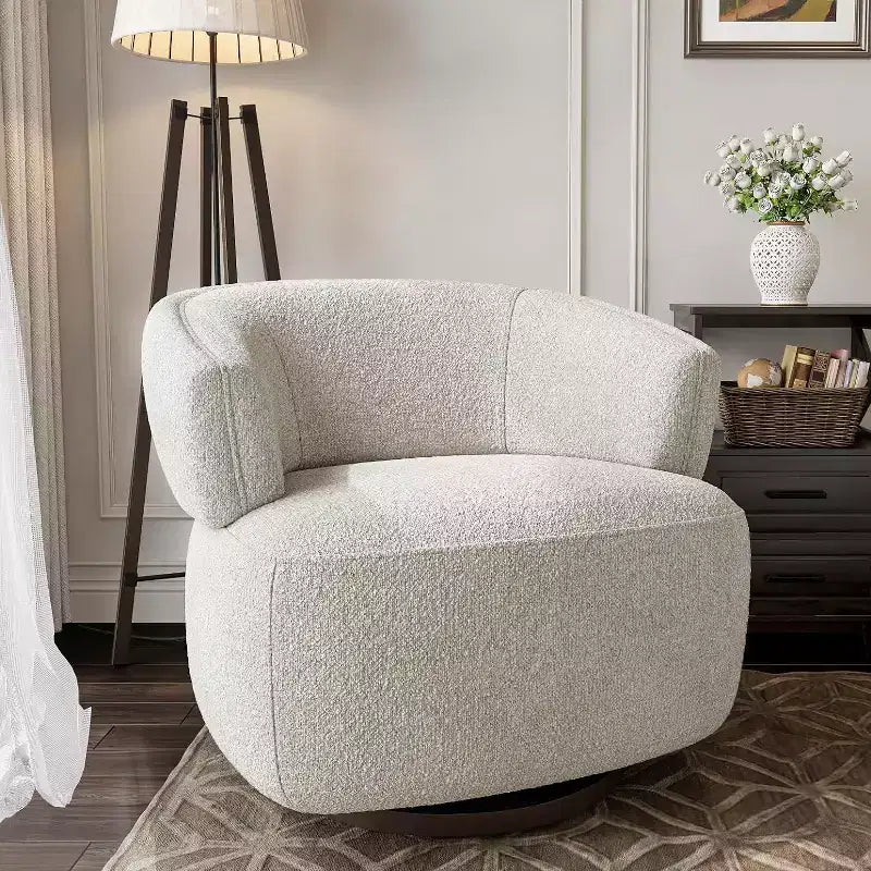 Drehbarer Fassstuhl, Vollständig montiertes Akzent-Loungesofa mit 360-Grad-Basis, Runder Clubstuhl für Wohnzimmer, Schlafzimmer, Büro, Elfenbein