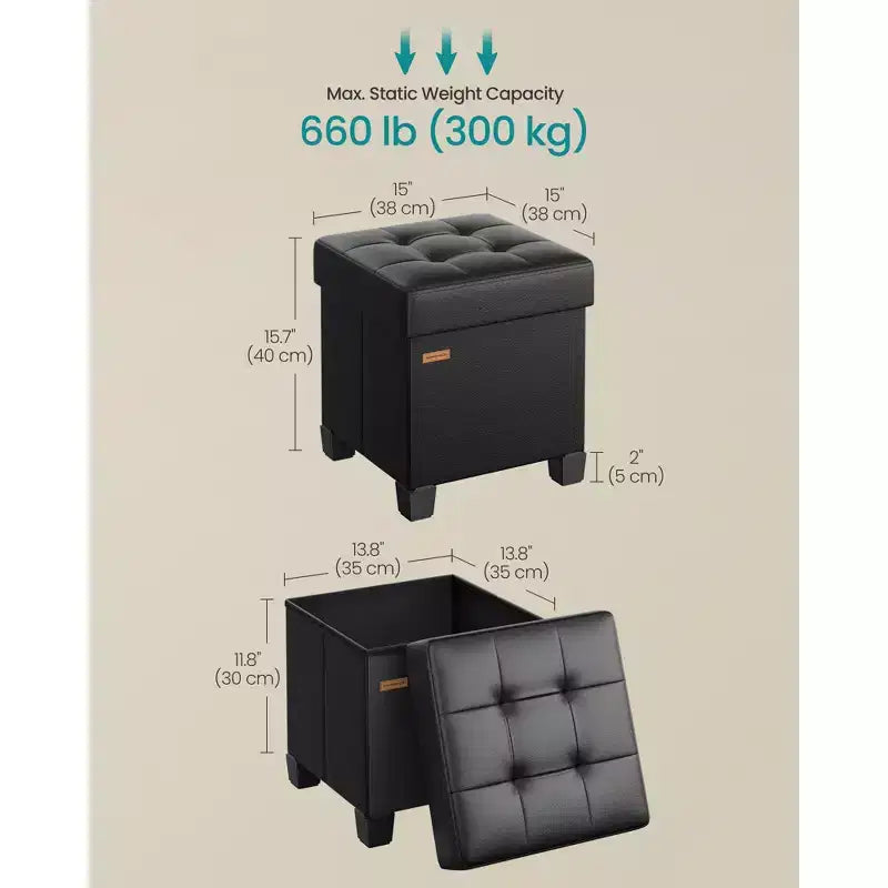 15x15x15,7 hüvelykes kocka tároló puffal lábakkal. 10 gal (37 L) kapacitás. Szintetikus bőr lábtartó/ lábzsámoly.