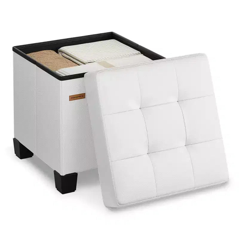 15x15x15,7 hüvelykes kocka tároló puffal lábakkal. 10 gal (37 L) kapacitás. Szintetikus bőr lábtartó/ lábzsámoly.