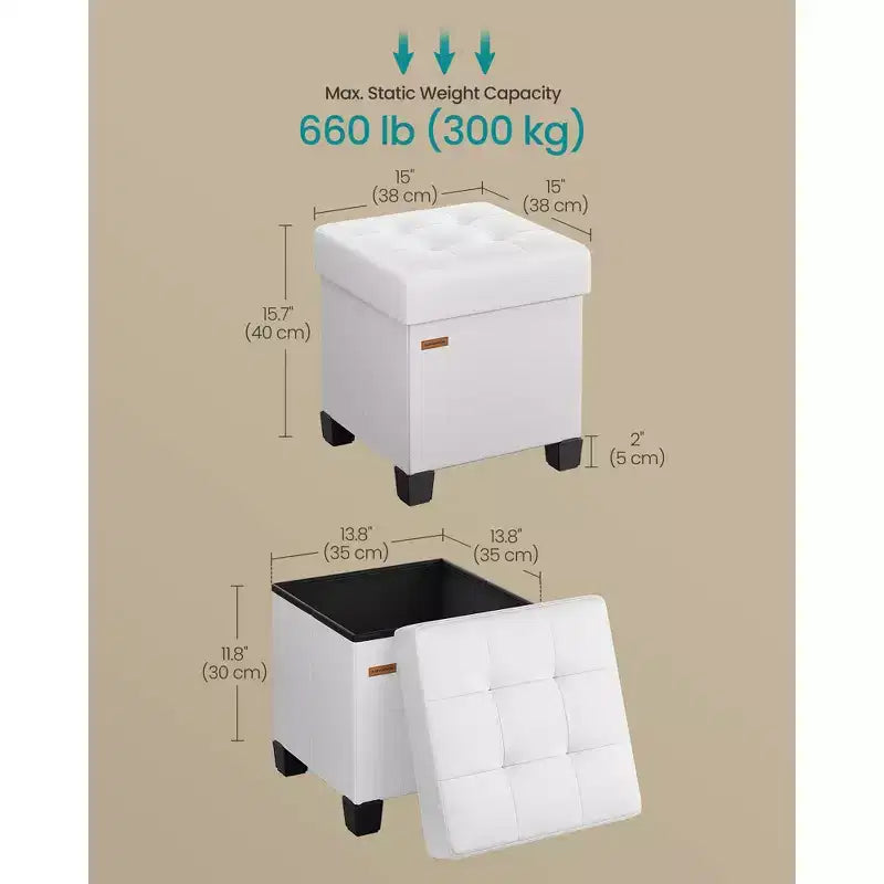 15x15x15,7 hüvelykes kocka tároló puffal lábakkal. 10 gal (37 L) kapacitás. Szintetikus bőr lábtartó/ lábzsámoly.