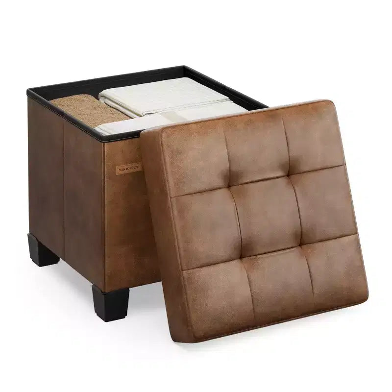 15x15x15,7 hüvelykes kocka tároló puffal lábakkal. 10 gal (37 L) kapacitás. Szintetikus bőr lábtartó/ lábzsámoly.