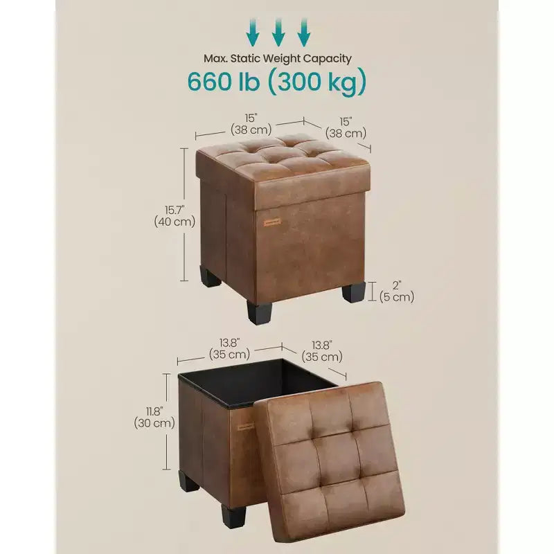 15x15x15,7 hüvelykes kocka tároló puffal lábakkal. 10 gal (37 L) kapacitás. Szintetikus bőr lábtartó/ lábzsámoly.