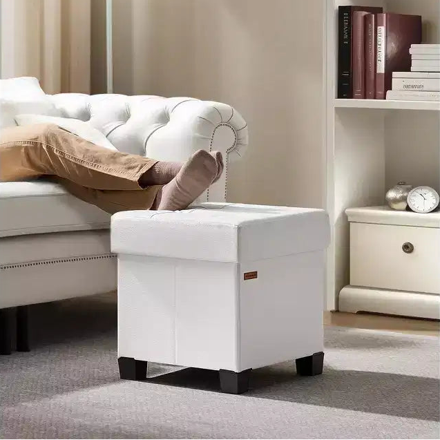 15x15x15.7-Inch Cube Storage Ottoman with Legs. 10 Gal (37 L) Capacity. Synthetic Leather Footstool/Footrest.