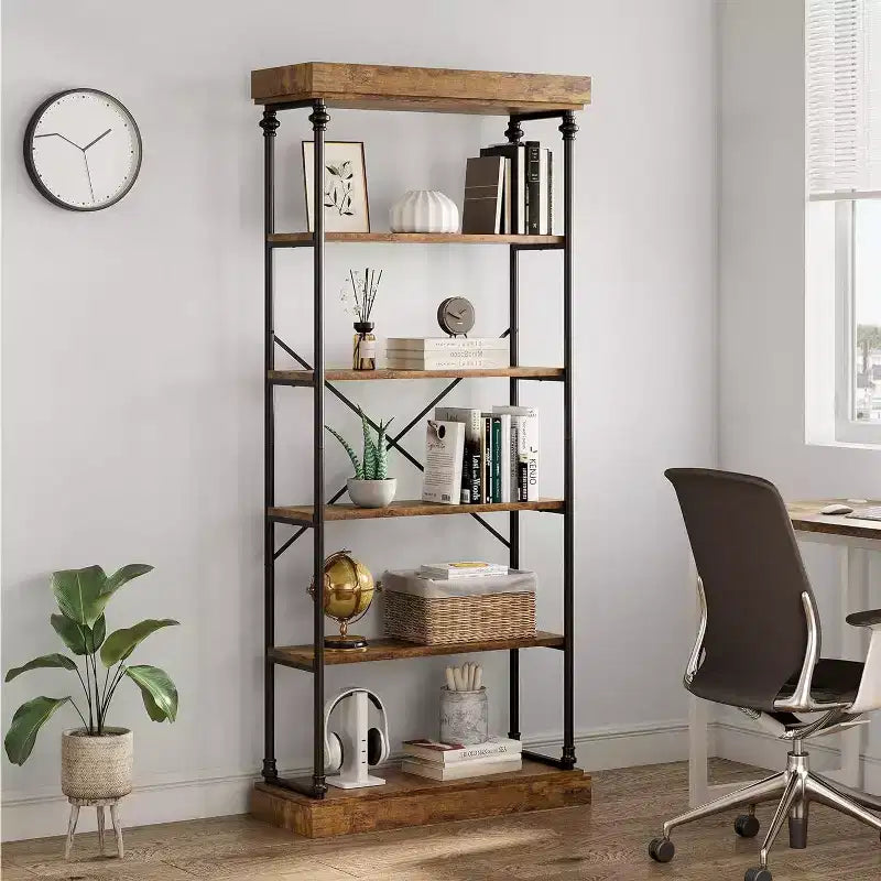 6 Tier Wooden Industrial Bookshelf,Open Shelf with Metal Frame,Large Grey Display Shelf for Bedroom,Living Room,Office