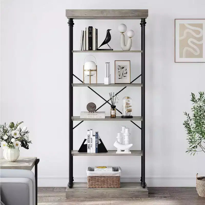 6-laagse houten industriële boekenkast, open plank met metalen frame, grote grijze displayplank voor slaapkamer, woonkamer, kantoor