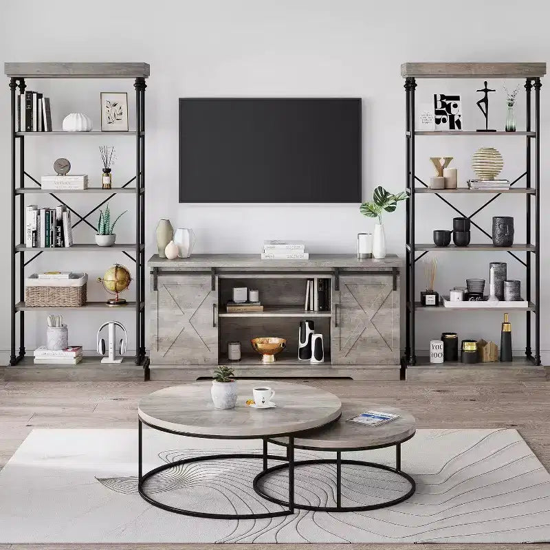 6-laagse houten industriële boekenkast, open plank met metalen frame, grote grijze displayplank voor slaapkamer, woonkamer, kantoor
