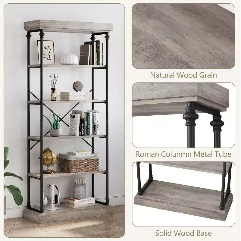 6-laagse houten industriële boekenkast, open plank met metalen frame, grote grijze displayplank voor slaapkamer, woonkamer, kantoor