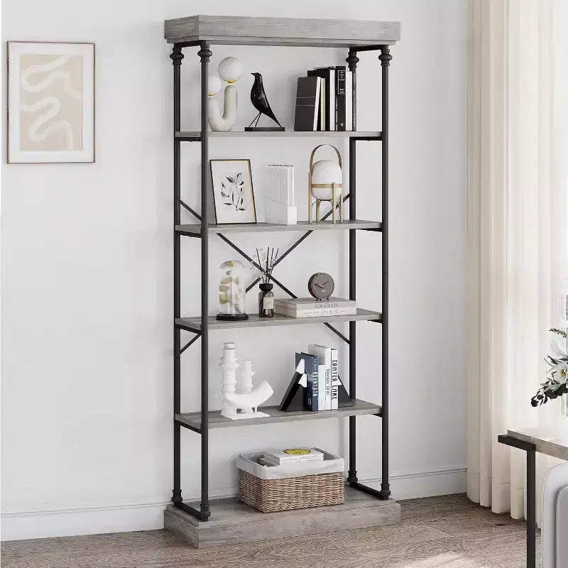 6 Tier Wooden Industrial Bookshelf,Open Shelf with Metal Frame,Large Grey Display Shelf for Bedroom,Living Room,Office