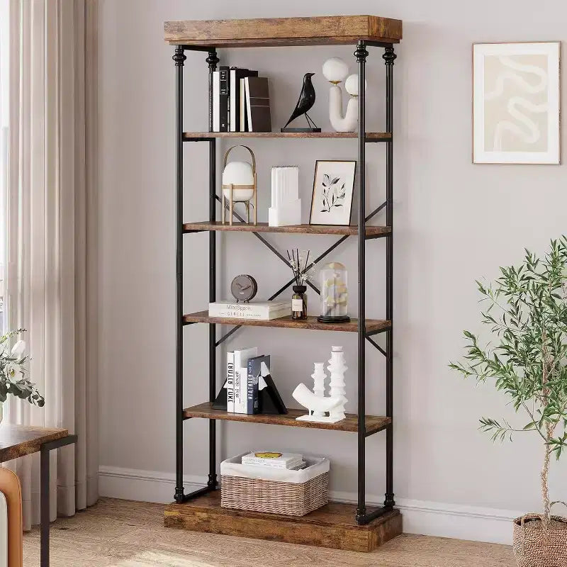 6-laagse houten industriële boekenkast, open plank met metalen frame, grote grijze displayplank voor slaapkamer, woonkamer, kantoor