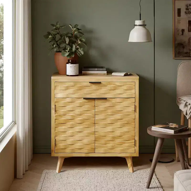 Wavy Carving Wooden Cabinet Sideboard with Drawer Storage