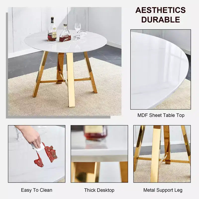 Runder Couchtisch Esstisch Moderner Cocktailtisch Beistelltisch mit Metallbeinen, Gold+Weiß/Schwarz+Holz-ModernLuxe