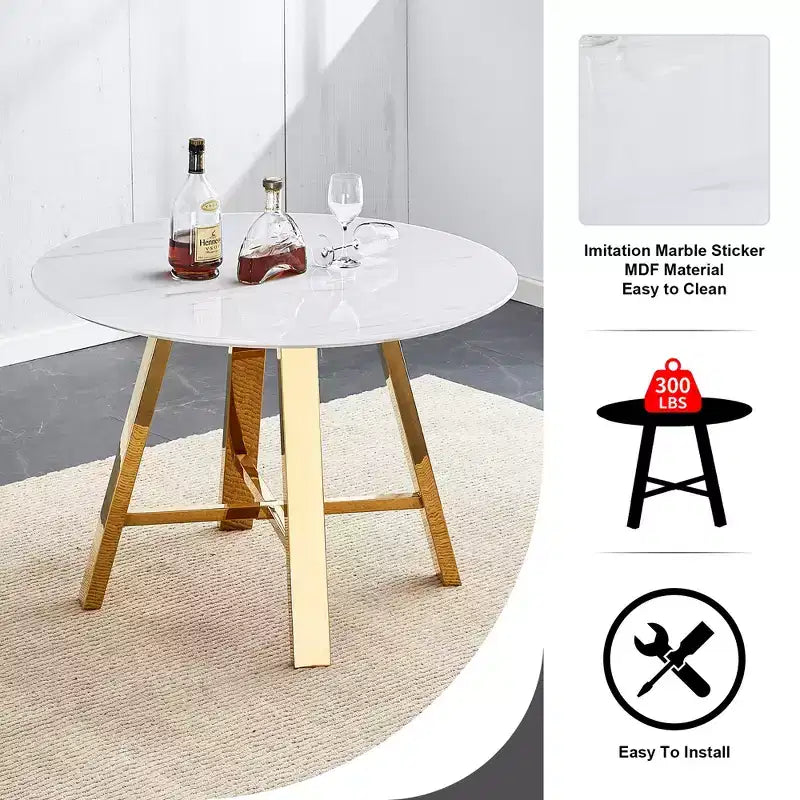 Runder Couchtisch Esstisch Moderner Cocktailtisch Beistelltisch mit Metallbeinen, Gold+Weiß/Schwarz+Holz-ModernLuxe