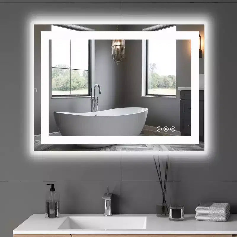 24x32 Zoll beleuchteter Badezimmerspiegel, Aluminiumrahmen, Schminkspiegel mit 3 Lichtfarben, Weiß  