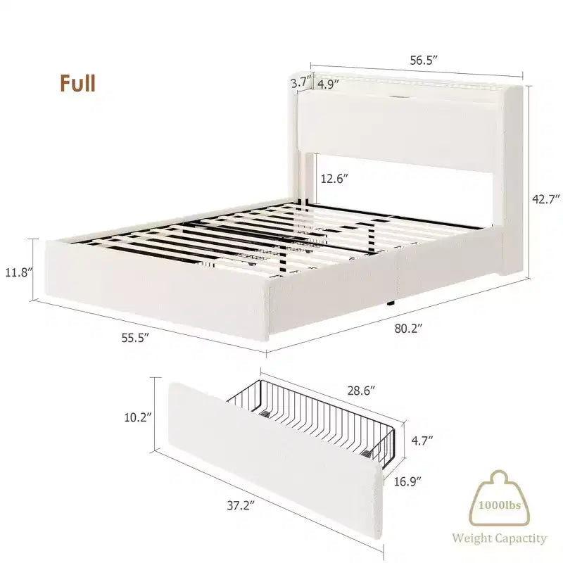 Struttura letto Bouclé - testiera LED e stazione di ricarica, 4 cassetti contenitori, piattaforma con doghe in legno, senza rete a molle, crema