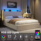 Struttura letto Bouclé - testiera LED e stazione di ricarica, 4 cassetti contenitori, piattaforma con doghe in legno, senza rete a molle, crema