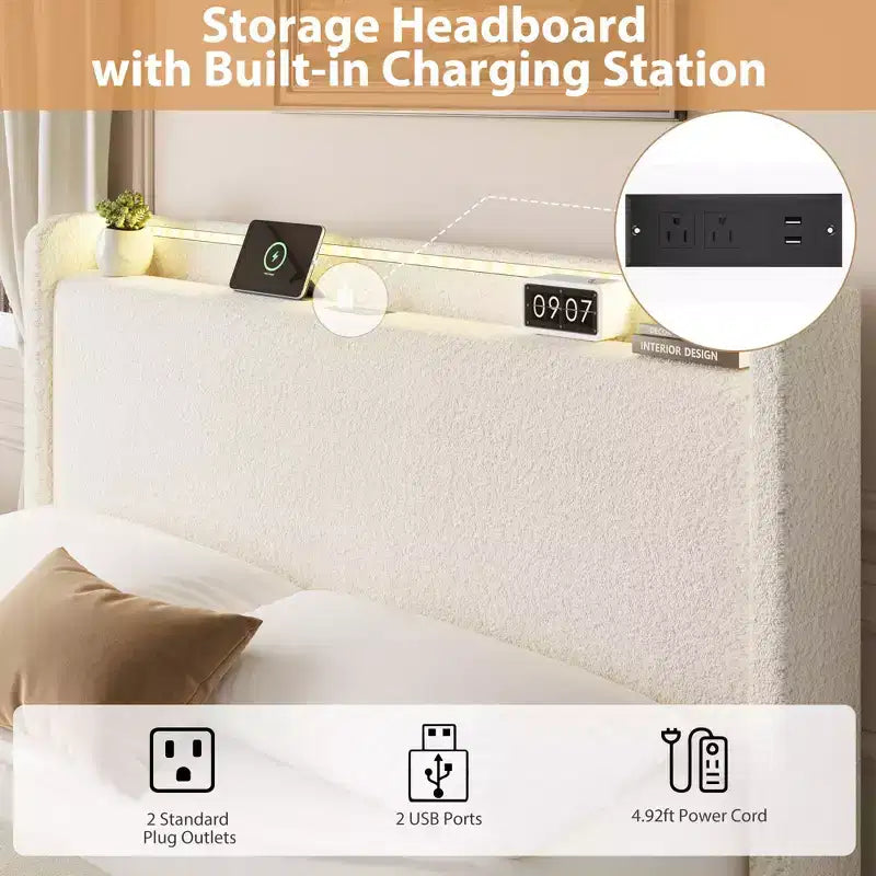 Struttura letto Bouclé - testiera LED e stazione di ricarica, 4 cassetti contenitori, piattaforma con doghe in legno, senza rete a molle, crema