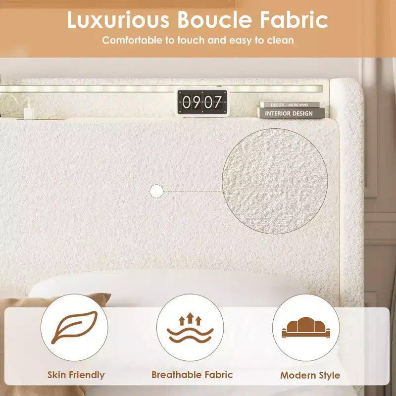 Struttura letto Bouclé - testiera LED e stazione di ricarica, 4 cassetti contenitori, piattaforma con doghe in legno, senza rete a molle, crema