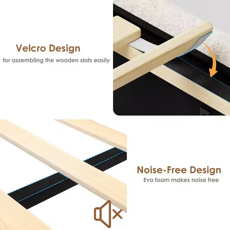 Struttura letto Bouclé - testiera LED e stazione di ricarica, 4 cassetti contenitori, piattaforma con doghe in legno, senza rete a molle, crema
