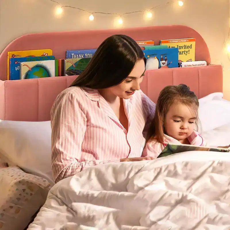 Tweepersoons Bedframe met Boekenkast Hoofdeinde, Gestoffeerd Fluwelen Platformbed - Stevige Stalen Poten, Geluidsvrij, Gemakkelijke Montage