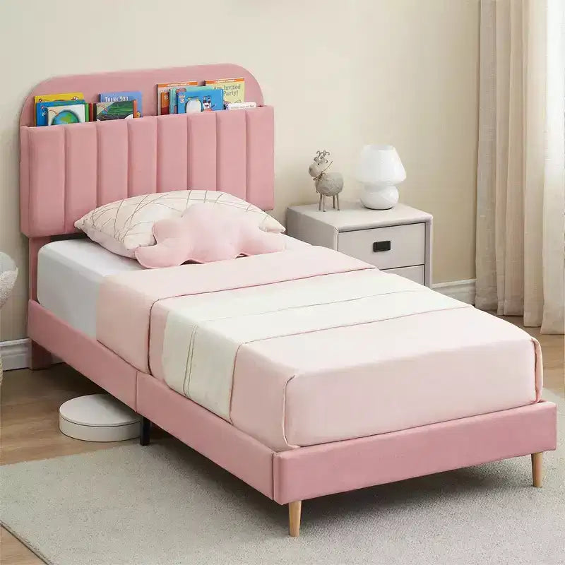 Tweepersoons Bedframe met Boekenkast Hoofdeinde, Gestoffeerd Fluwelen Platformbed - Stevige Stalen Poten, Geluidsvrij, Gemakkelijke Montage