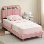 Tweepersoons Bedframe met Boekenkast Hoofdeinde, Gestoffeerd Fluwelen Platformbed - Stevige Stalen Poten, Geluidsvrij, Gemakkelijke Montage