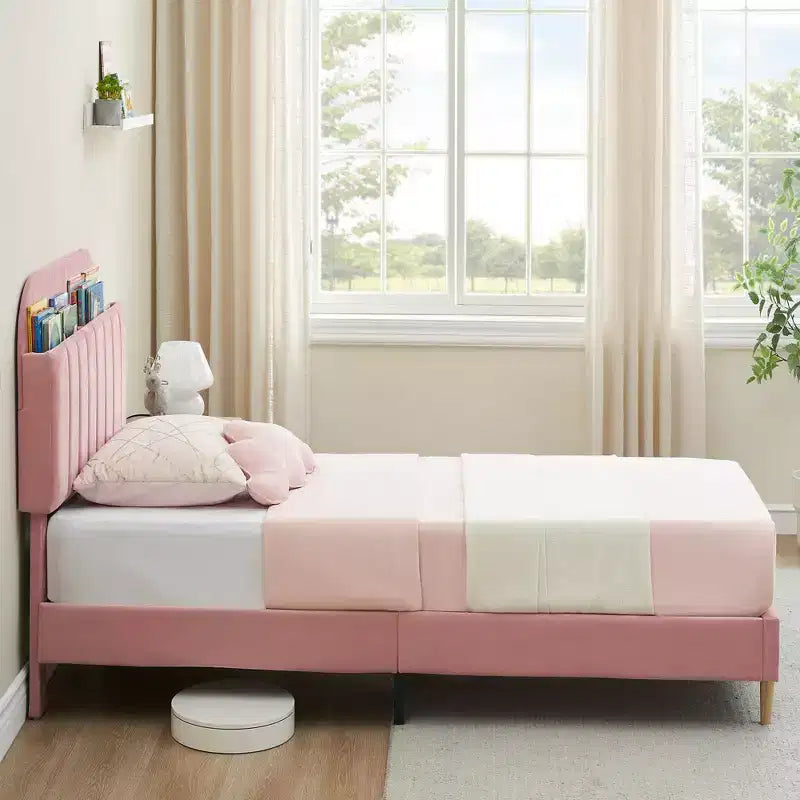 Tweepersoons Bedframe met Boekenkast Hoofdeinde, Gestoffeerd Fluwelen Platformbed - Stevige Stalen Poten, Geluidsvrij, Gemakkelijke Montage