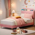 Tweepersoons Bedframe met Boekenkast Hoofdeinde, Gestoffeerd Fluwelen Platformbed - Stevige Stalen Poten, Geluidsvrij, Gemakkelijke Montage