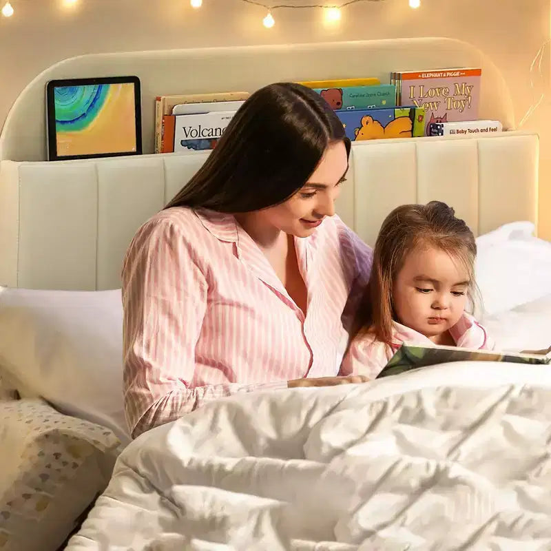 Tweepersoons Bedframe met Boekenkast Hoofdeinde, Gestoffeerd Fluwelen Platformbed - Stevige Stalen Poten, Geluidsvrij, Gemakkelijke Montage