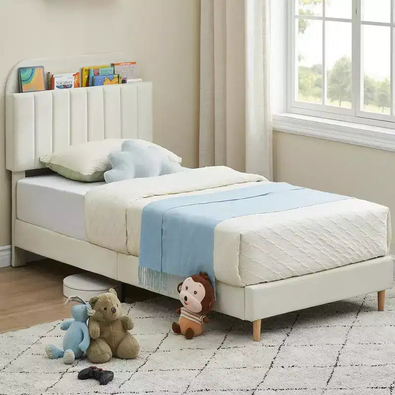 Tweepersoons Bedframe met Boekenkast Hoofdeinde, Gestoffeerd Fluwelen Platformbed - Stevige Stalen Poten, Geluidsvrij, Gemakkelijke Montage