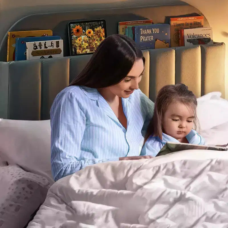 Tweepersoons Bedframe met Boekenkast Hoofdeinde, Gestoffeerd Fluwelen Platformbed - Stevige Stalen Poten, Geluidsvrij, Gemakkelijke Montage