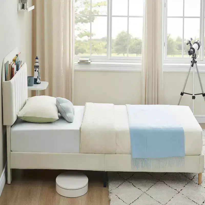 Tweepersoons Bedframe met Boekenkast Hoofdeinde, Gestoffeerd Fluwelen Platformbed - Stevige Stalen Poten, Geluidsvrij, Gemakkelijke Montage