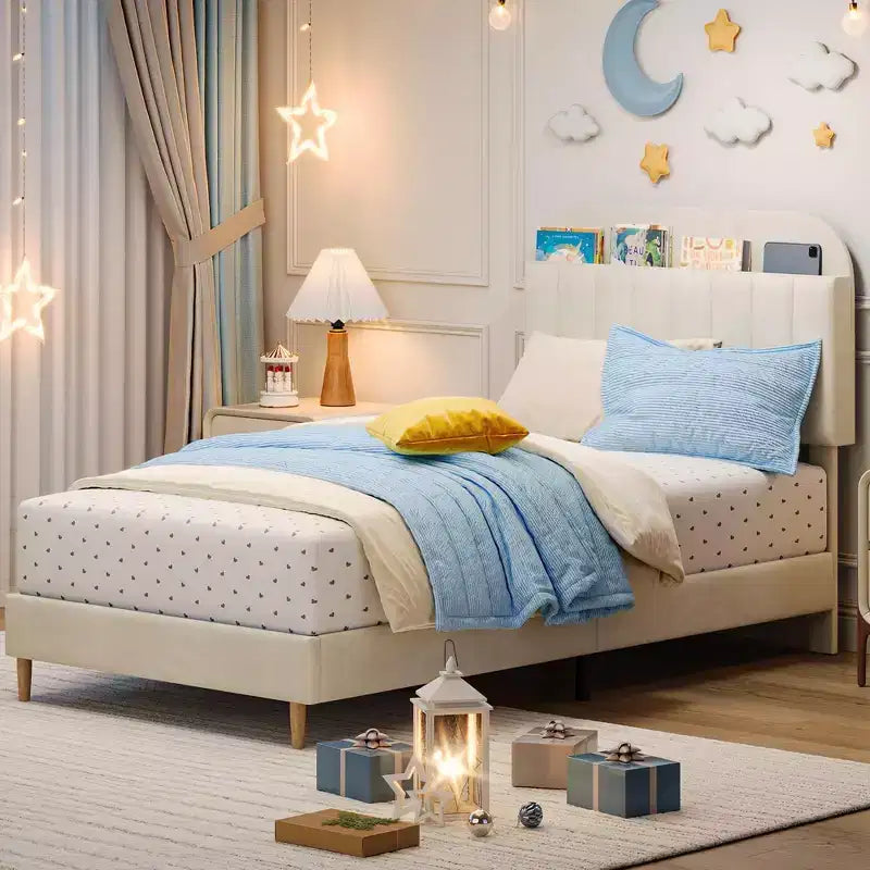 Tweepersoons Bedframe met Boekenkast Hoofdeinde, Gestoffeerd Fluwelen Platformbed - Stevige Stalen Poten, Geluidsvrij, Gemakkelijke Montage