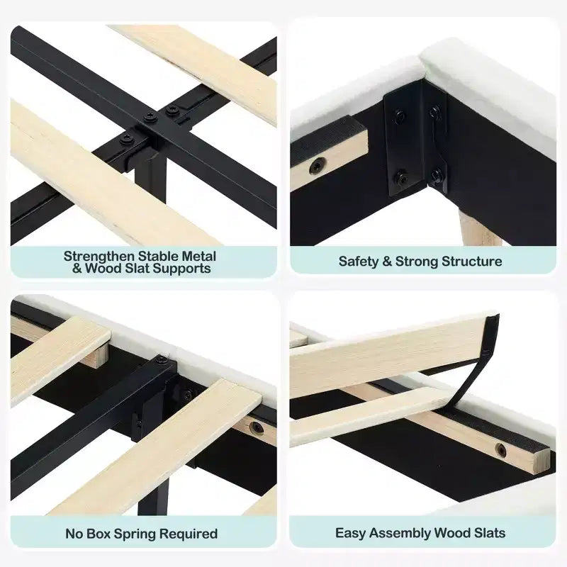 Tweepersoons Bedframe met Boekenkast Hoofdeinde, Gestoffeerd Fluwelen Platformbed - Stevige Stalen Poten, Geluidsvrij, Gemakkelijke Montage