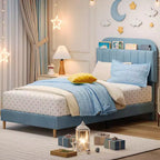 Tweepersoons Bedframe met Boekenkast Hoofdeinde, Gestoffeerd Fluwelen Platformbed - Stevige Stalen Poten, Geluidsvrij, Gemakkelijke Montage