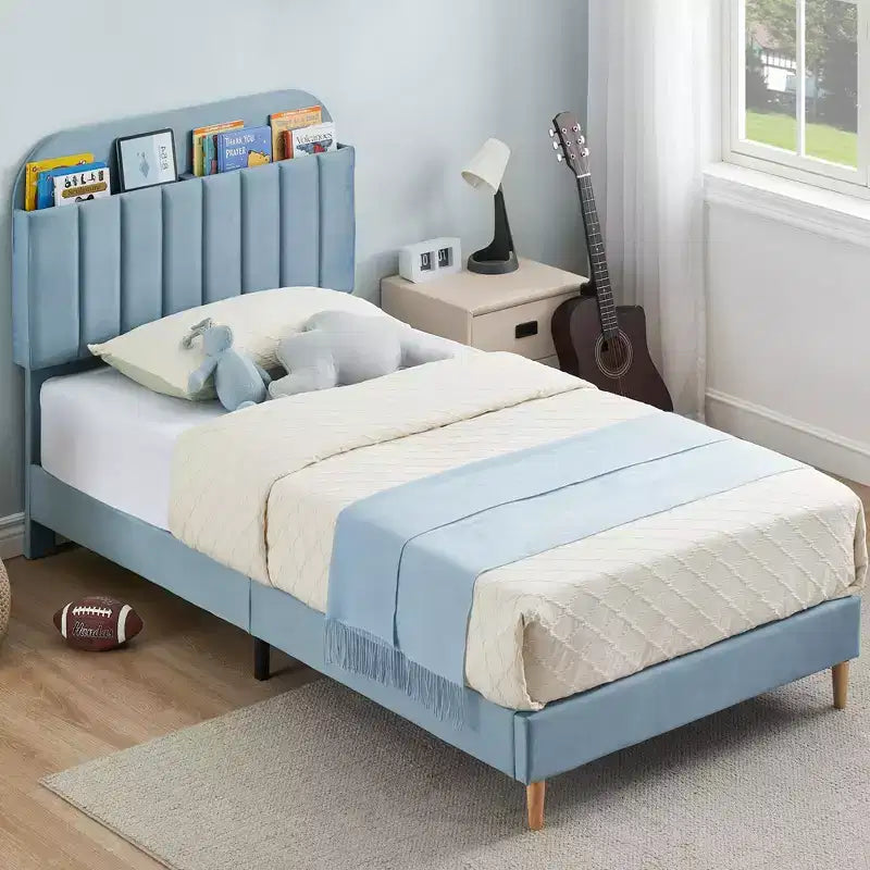 Tweepersoons Bedframe met Boekenkast Hoofdeinde, Gestoffeerd Fluwelen Platformbed - Stevige Stalen Poten, Geluidsvrij, Gemakkelijke Montage