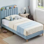 Tweepersoons Bedframe met Boekenkast Hoofdeinde, Gestoffeerd Fluwelen Platformbed - Stevige Stalen Poten, Geluidsvrij, Gemakkelijke Montage