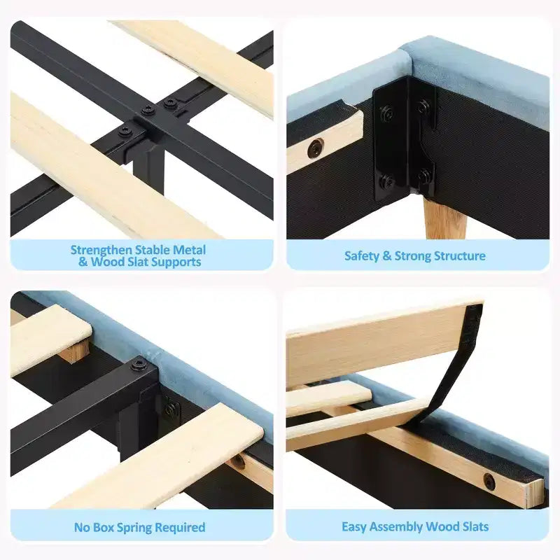Tweepersoons Bedframe met Boekenkast Hoofdeinde, Gestoffeerd Fluwelen Platformbed - Stevige Stalen Poten, Geluidsvrij, Gemakkelijke Montage