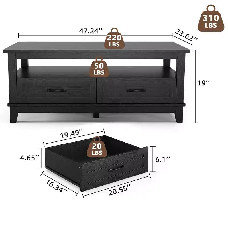 Farmhouse Coffee Table with Drawers, 47.2 in Center Table Rustic Coffee Tables Walnut Center Table with Open Shelf, 6 Support Legs
