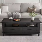 Farmhouse Coffee Table with Drawers, 47.2 in Center Table Rustic Coffee Tables Walnut Center Table with Open Shelf, 6 Support Legs