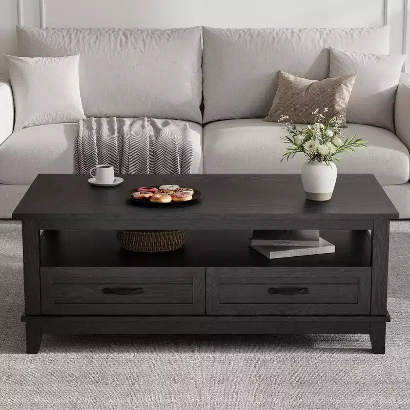 Farmhouse Coffee Table with Drawers, 47.2 in Center Table Rustic Coffee Tables Walnut Center Table with Open Shelf, 6 Support Legs
