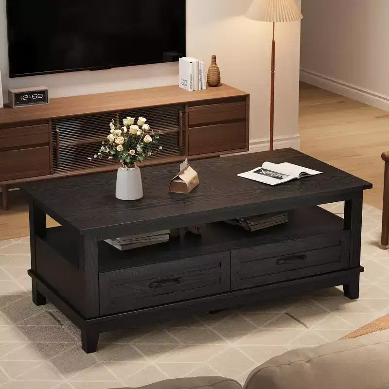 Farmhouse Coffee Table with Drawers, 47.2 in Center Table Rustic Coffee Tables Walnut Center Table with Open Shelf, 6 Support Legs