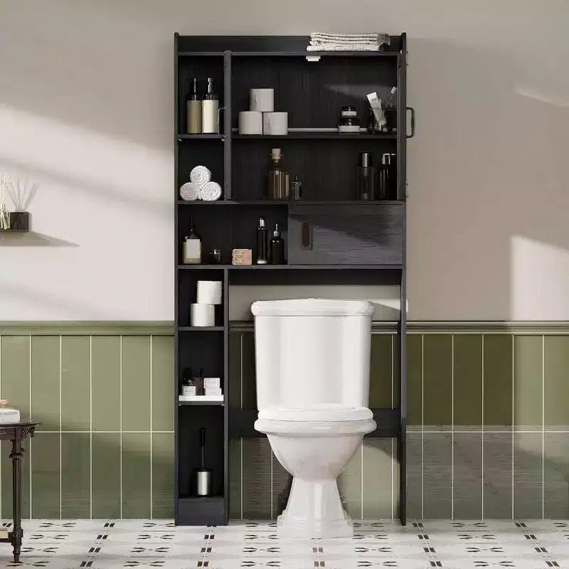 Tuvalet Üstü Depolama Dolabı Çiftlik Evi Banyo Depolama, Sürgülü Kapaklı Siyah Alan Tasarruflu Ayarlanabilir Raflar