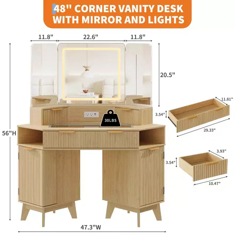 47 cm hoek make-up kaptafel met spiegel en licht, houten kaptafel met glazen blad en oplaadstation, make-up kaptafel voor slaapkamer