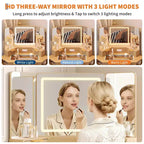 47 cm hoek make-up kaptafel met spiegel en licht, houten kaptafel met glazen blad en oplaadstation, make-up kaptafel voor slaapkamer